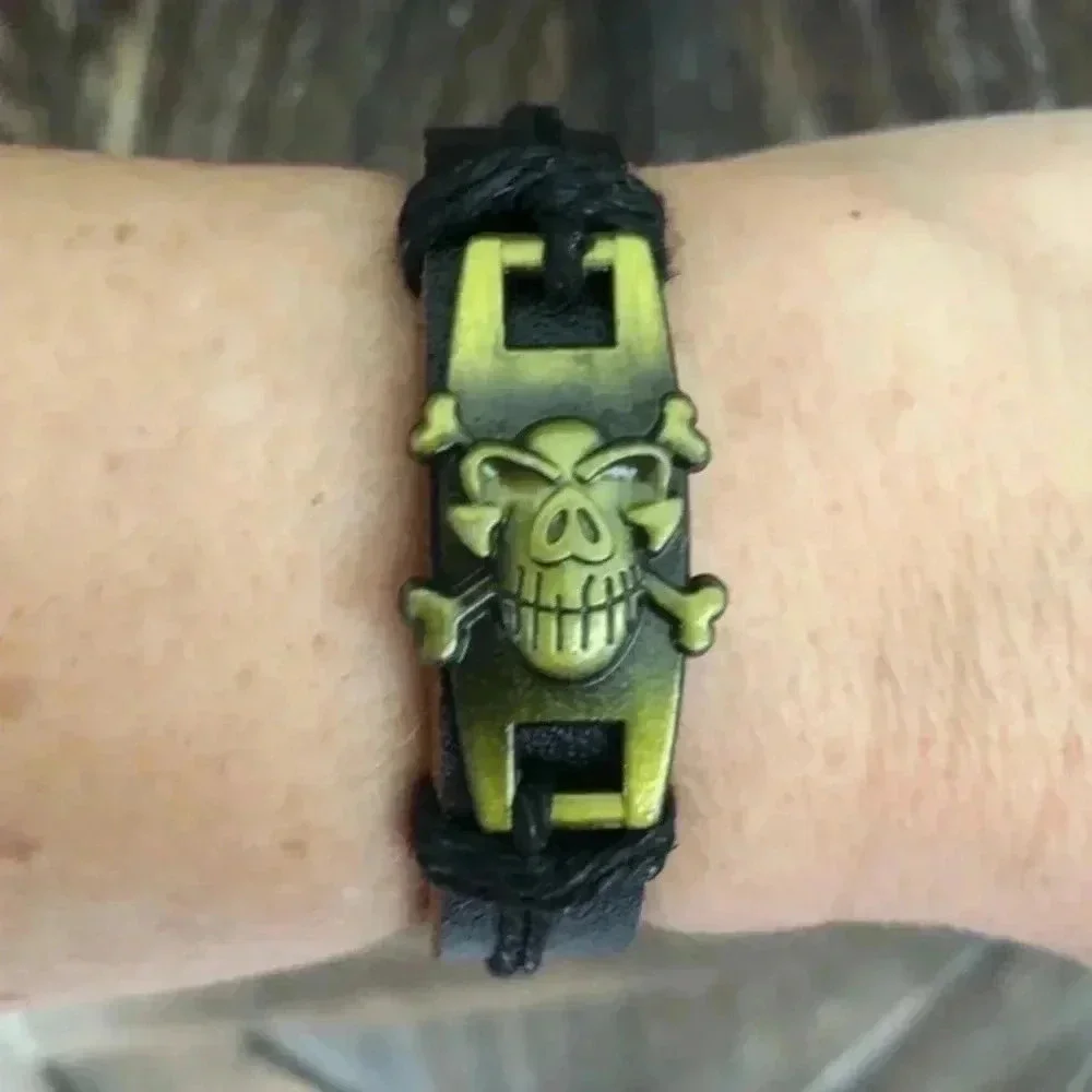 Bronze Skull Crossbones Leather & Hemp Adjustable Bracelet C NWT